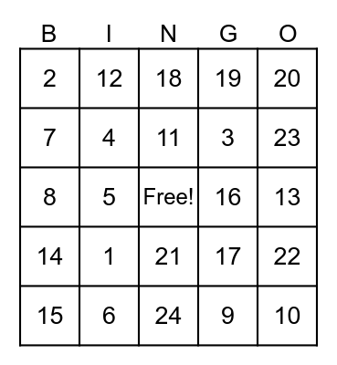 Physical Well-Being Bingo Card