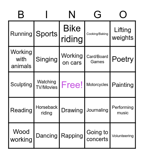 Hobbies Bingo Card