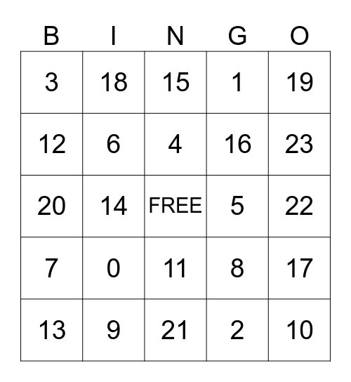 Numbers Bingo Card