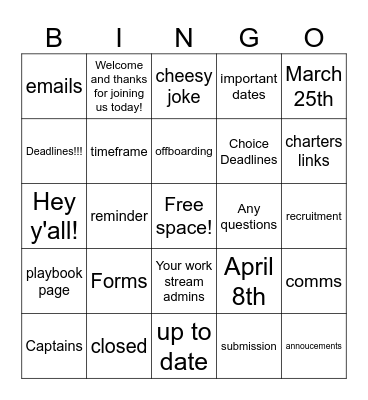 Captains Spring Bingo Card