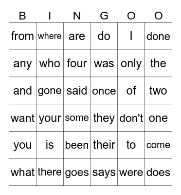 Sight Words Bingo Card