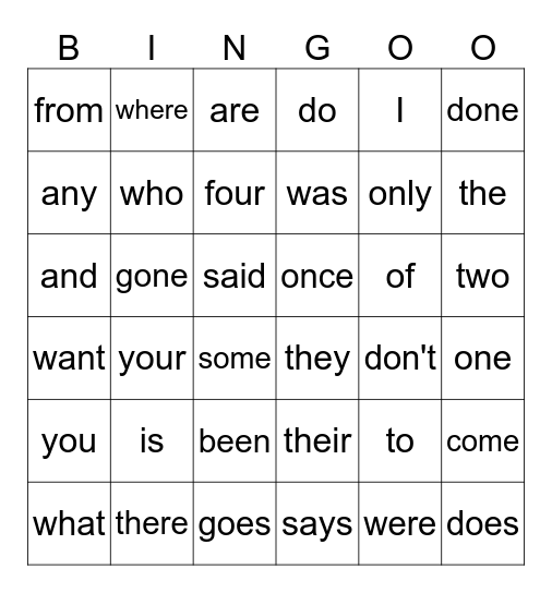 Sight Words Bingo Card