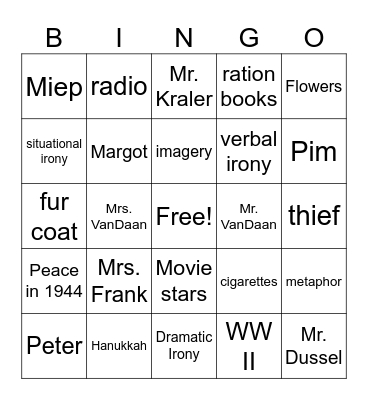 Anne Frank Bingo Card