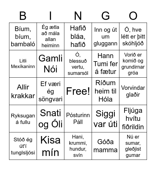 Tónlistarbingó fyrir börn Bingo Card