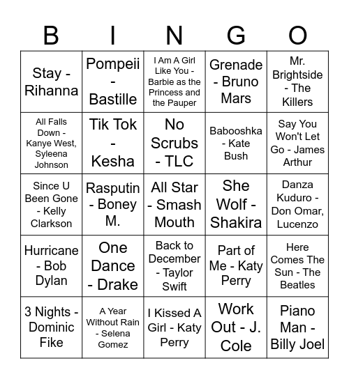 Musical Bingo Card