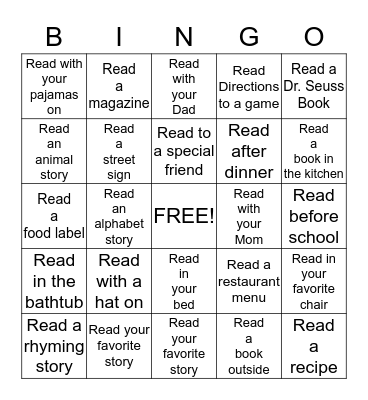 Preschool Reading Bingo Card