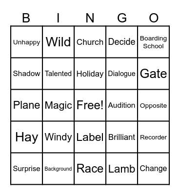 Vocabulary Game Bingo Card