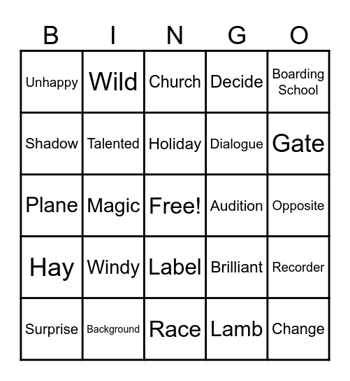 Vocabulary Game Bingo Card