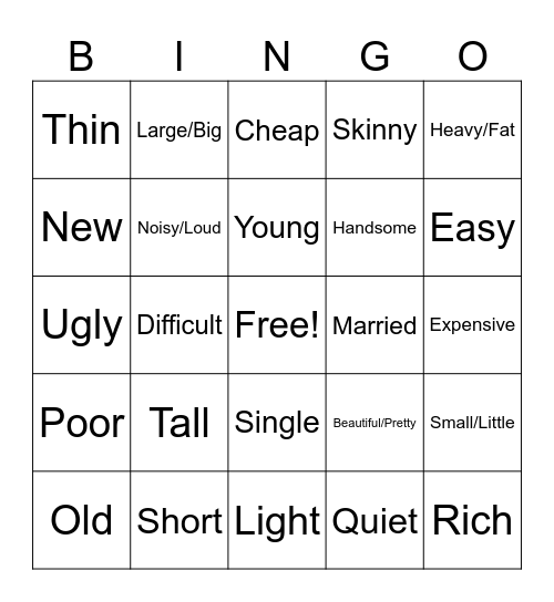 SBS Chapter 5 - Adjectives and Opposites Bingo Card