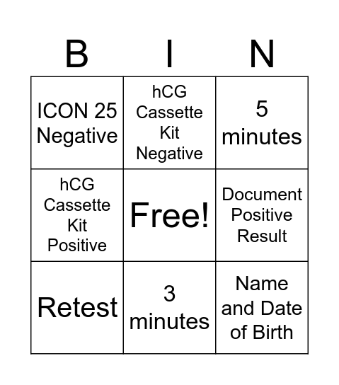 Point of Care Pregnancy Test Bingo Card