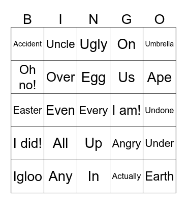 Easy Onset Bingo Card