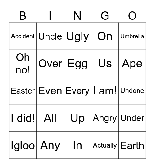 Easy Onset Bingo Card