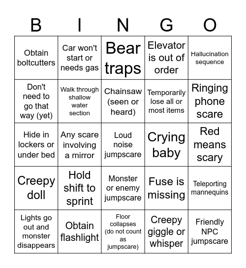Horror Game Jumpscare Bingo Card