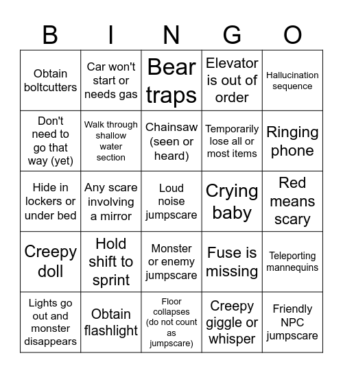 Horror Game Jumpscare Bingo Card