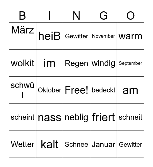 Deutsch 2--3A.2 Vokabeln Bingo Card