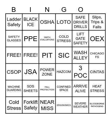 Safety Symbol Bingo Card