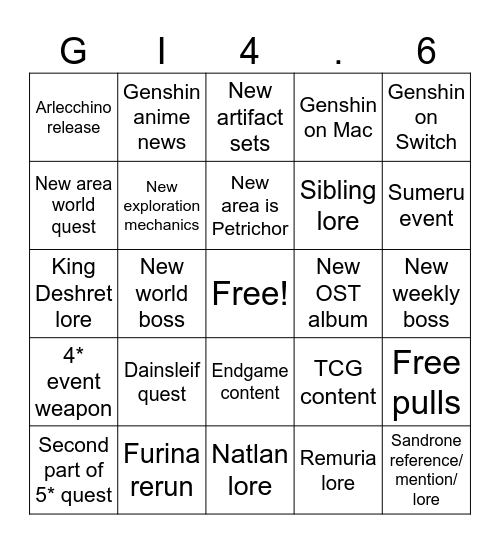 Genshin 4.6 Bingo Card