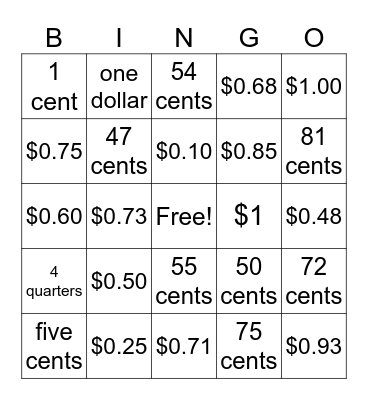 2nd Grade Money Bingo Card