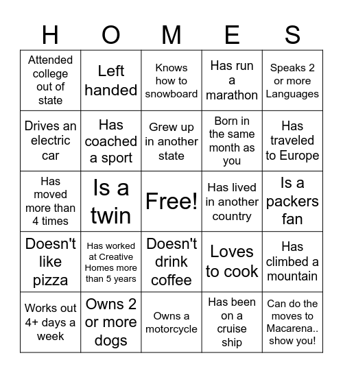 Creative Homes/New Home Star Bingo Card