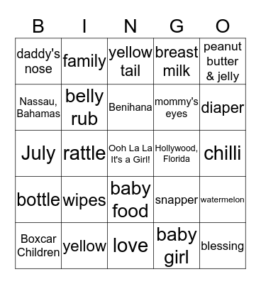 Tenille & Thomas Baby Shower Bingo Card
