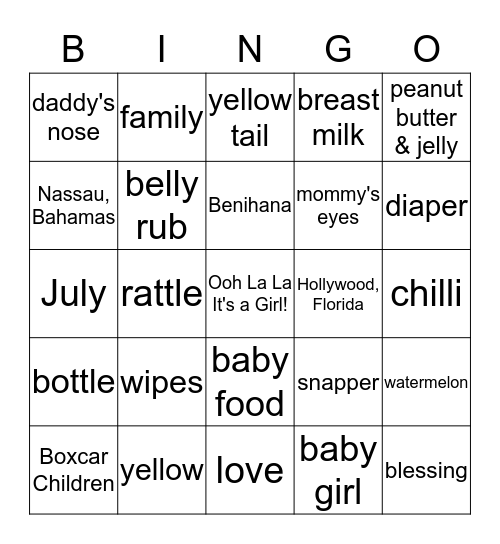 Tenille & Thomas Baby Shower Bingo Card