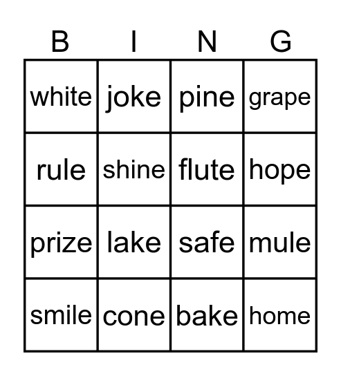 Magic e Words Bingo Card