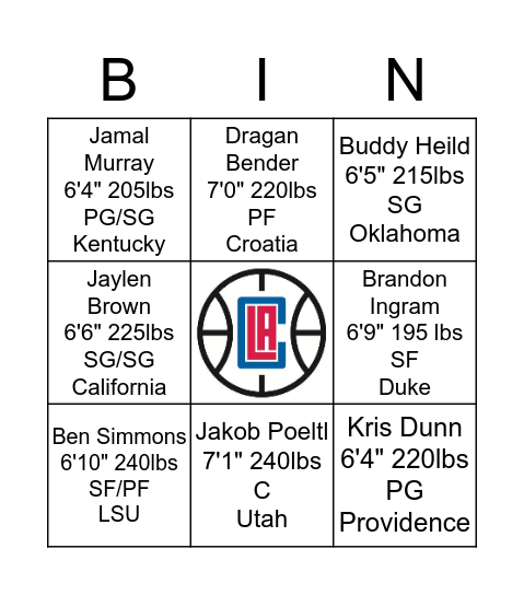 LA Clippers Draft Party Bingo Card