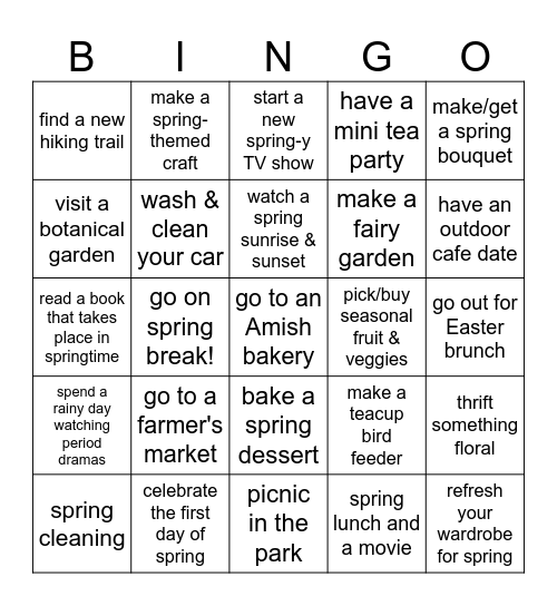Spring Activities Bingo Card