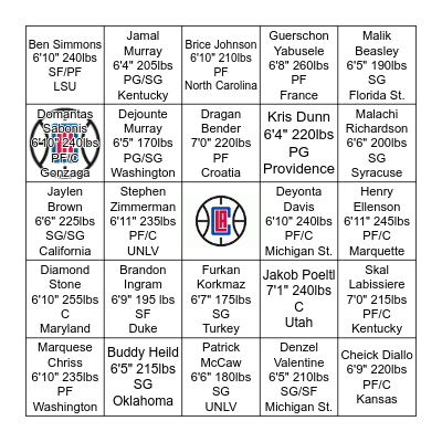 LA Clippers Draft Party Bingo Card