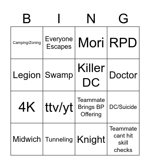 DBD Bingo Card