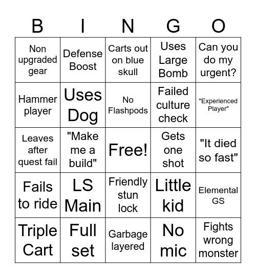 Monster Hunter Players Bingo Card