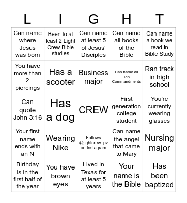 Light Crew BINGO Card