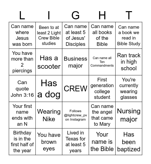 Light Crew BINGO Card