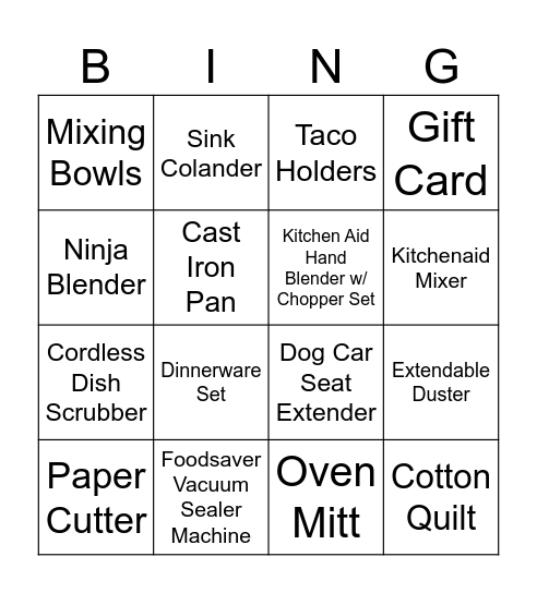 Kacie's Bridal Shower Bingo Card