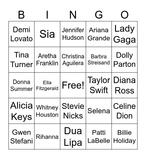 Female Powerhouse Singers Bingo Card