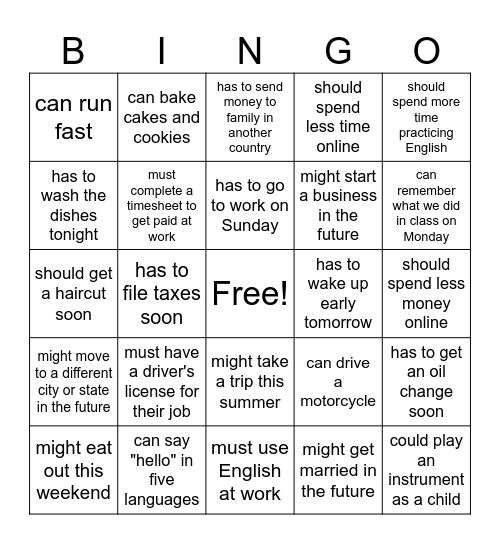 Modals Bingo Card