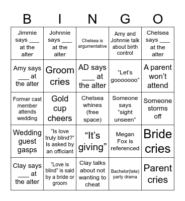 Love is Blind Bingo Card