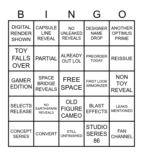 Transformers Fanstream Bingo Card