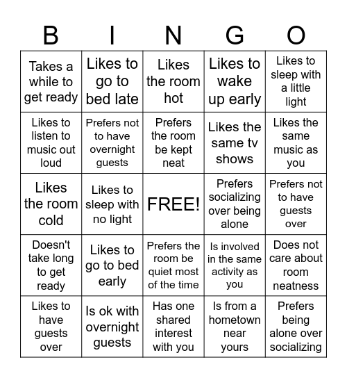 Roommate Bingo Card