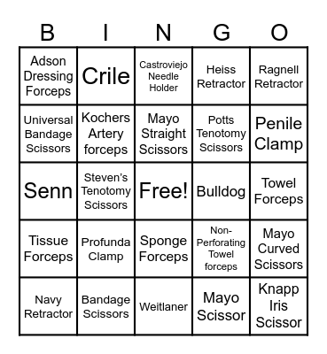 Surgical Instruments Bingo Card