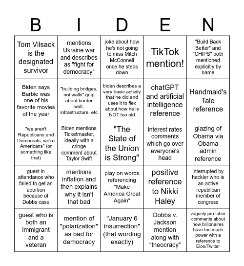 2024 State of the Union Bingo Card