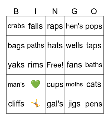 Ending sounds of /s/ Bingo Card