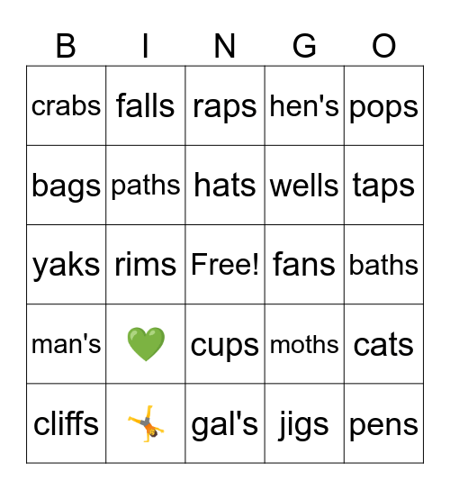 Ending sounds of /s/ Bingo Card
