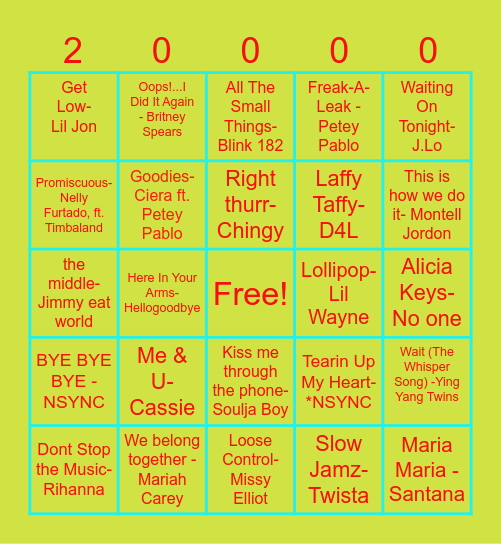 2000s Music Bingo Card