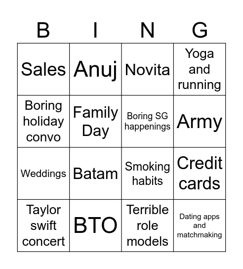 Chit-chat Bingo Card