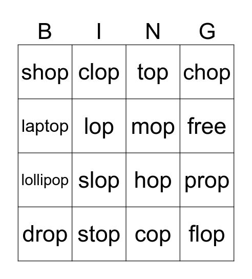 Words Ending (op) Bingo Card