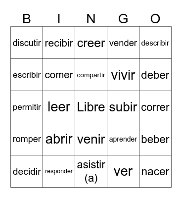 -er/-ir Verbs Bingo Card