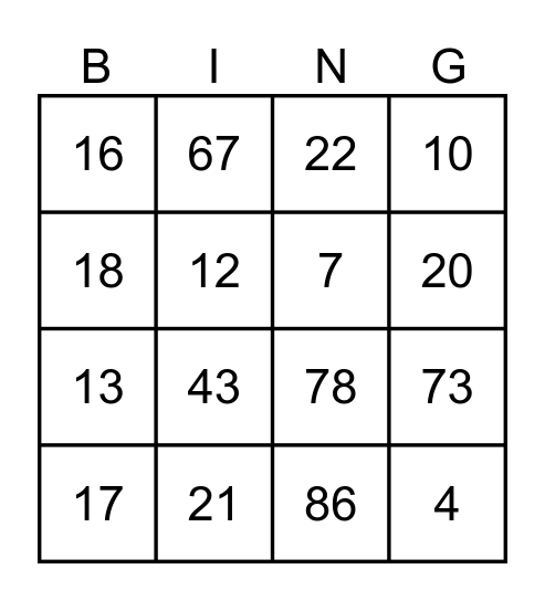 Numbers 1-99 Bingo Card