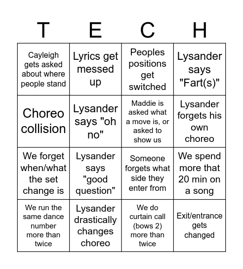 Choreo Rehearsal Bingo Card