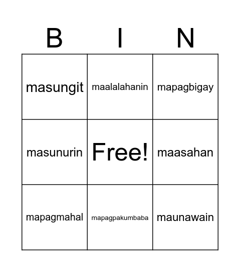 Mga katangian Bingo Card